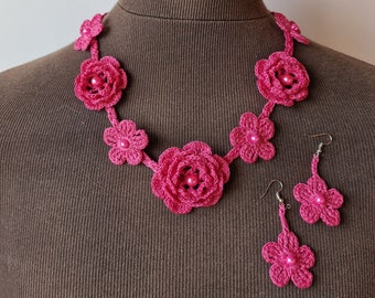 Crochet Accessory Set, Necklace and Earrings, Fuchsia Color, 100% Cotton.