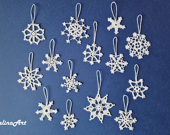 14 Mini Crochet Snowflakes, Christmas Ornaments, Christmas Decorations, White, 100% Cotton.