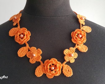 Crochet Rose Necklace, Crochet Neck Accessory, Flower Necklace, Orange, 100% Cotton.