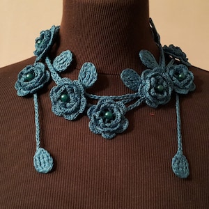 Crochet Rose Necklace, Crochet Neck Accessory, Flower Necklace, Biscay Bay Colour, Turquoise, 100% Cotton.
