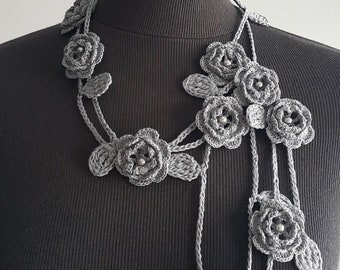 Crochet Rose Necklace, Crochet Neck Accessory, Flower Necklace, Grey, 100% Cotton.