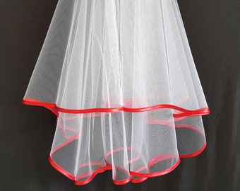 White Wedding Veil, Two Layers, Red Satin Edging.