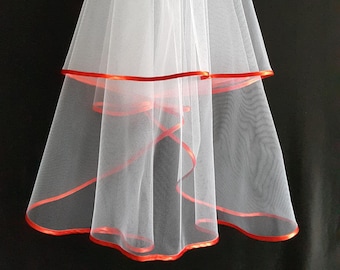 White Wedding Veil, Two Layers, Red Satin Edging.