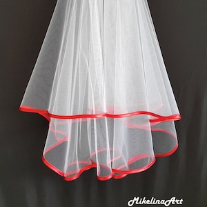 White Wedding Veil, Two Layers, Red Satin Edging. image 1