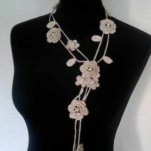 Crochet Rose Necklace, Crochet Neck Accessory, Flower Necklace, Ivory, 100% Cotton.