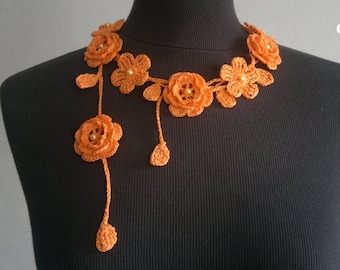 Crochet Rose Necklace, Crochet Neck Accessory, Flower Necklace, Orange, 100% Cotton.