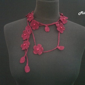 Crochet Necklace, Crochet Neck Accessory, Flower Necklace, Wine Colour, 100% Cotton. image 1