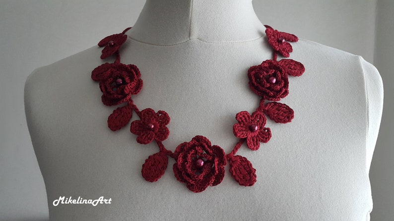 Crochet Rose Necklace, Crochet Neck Accessory, Flower Necklace, Wine Colour, 100% Cotton. image 1