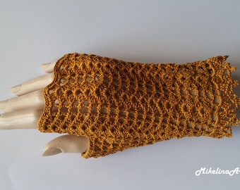 Crochet Mittens, Fingerless Gloves,Spicy Mustard Colour,Dark Yellow, 100% Mercerized Cotton.