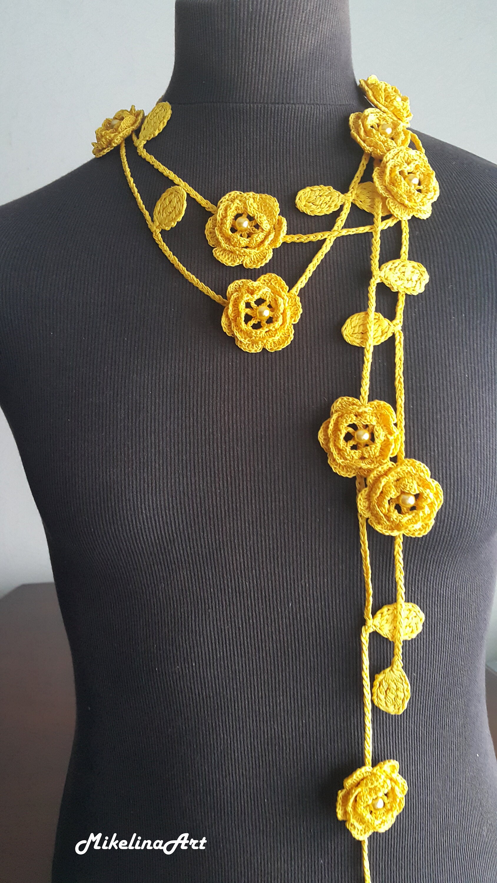 Crochet Rose Necklace,crochet Neck Accessory, Flower Necklace, Yellow ...