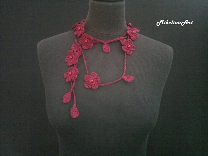 Crochet Necklace, Crochet Neck Accessory, Flower Necklace, Wine Colour, 100% Cotton. image 1