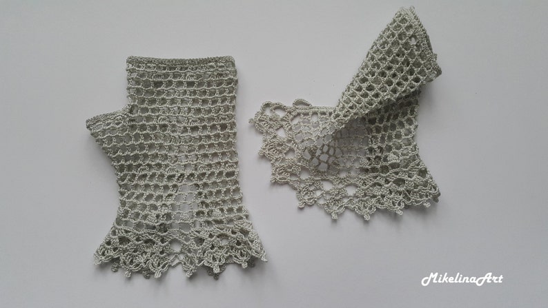 Crochet Mittens, Fingerless Gloves,Sharkskin Colour,Light Grey, 100% Mercerized Cotton. image 4