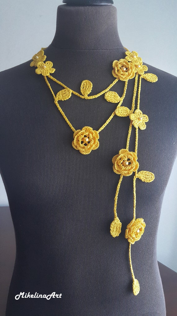 Flower Necklace Black Crochet Rose Necklace,Crochet Neck Accessory 100/% Cotton.