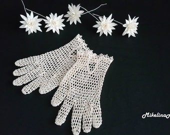 Crochet Gloves, Ivory, 100% Mercerized Cotton.