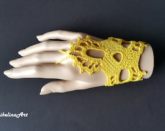 Crochet Mittens, Fingerless Gloves,Crochet Bracelet, Yellow, 100% Cotton.