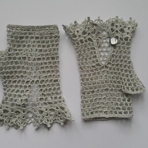 Crochet Mittens, Fingerless Gloves,Sharkskin Colour,Light Grey, 100% Mercerized Cotton. image 3