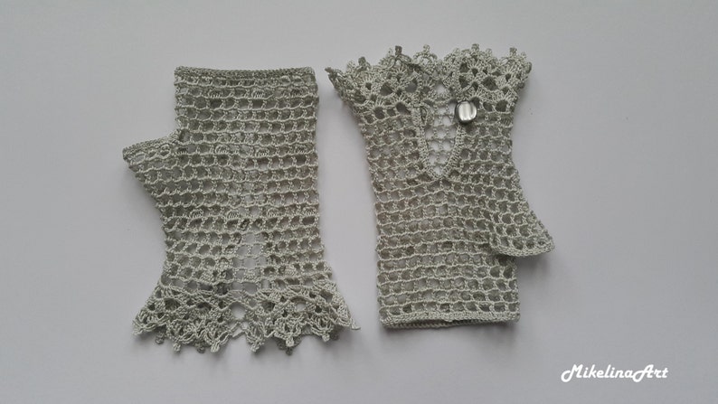 Crochet Mittens, Fingerless Gloves,Sharkskin Colour,Light Grey, 100% Mercerized Cotton. image 3