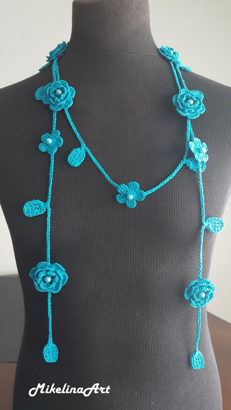 Crochet Rose Necklace, Crochet Neck Accessory, Flower Necklace, Aquamarine Color, 100% Cotton. image 3