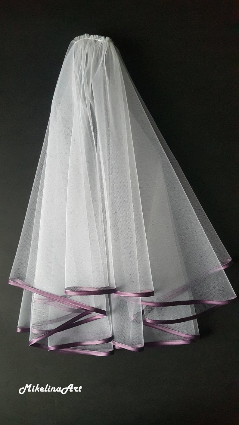 White Wedding Veil, Two Layers, Purple Satin Edging. image 1