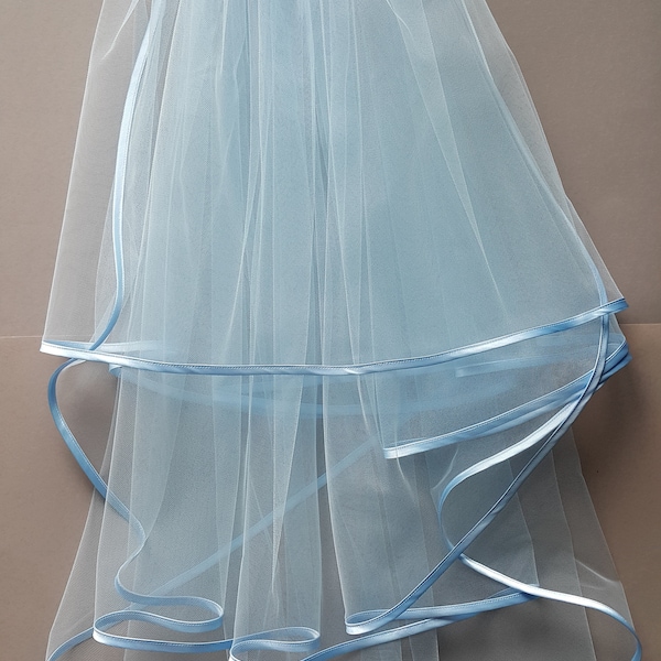 Sky Blue Wedding Veil, Three Layers, Sky Blue Satin Edging.