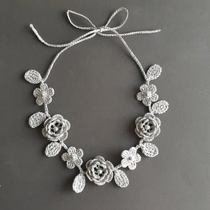 Crochet Rose Necklace,Crochet Neck Accessory, Flower Necklace, Sharkskin Gray Color, 100% Cotton. image 4