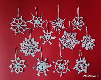 12 Crochet Snowflakes, Christmas Ornaments, Christmas Decorations, White, 100% Cotton.
