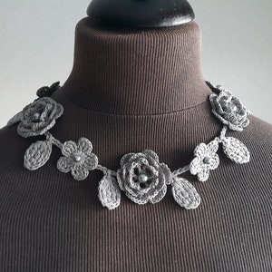 Crochet Rose Necklace,Crochet Neck Accessory, Flower Necklace, Sharkskin Gray Color, 100% Cotton. image 2