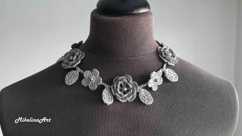 Crochet Rose Necklace,Crochet Neck Accessory, Flower Necklace, Sharkskin Gray Color, 100% Cotton. image 2