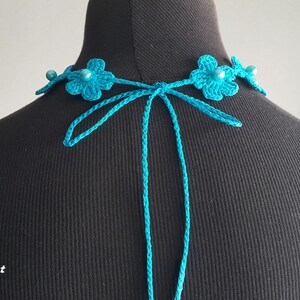 Crochet Necklace, Crochet Neck Accessory, Flower Necklace, Aquamarine Color, 100% Cotton. image 3