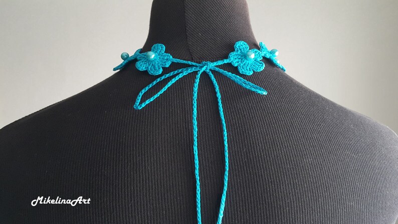 Crochet Necklace, Crochet Neck Accessory, Flower Necklace, Aquamarine Color, 100% Cotton. image 3