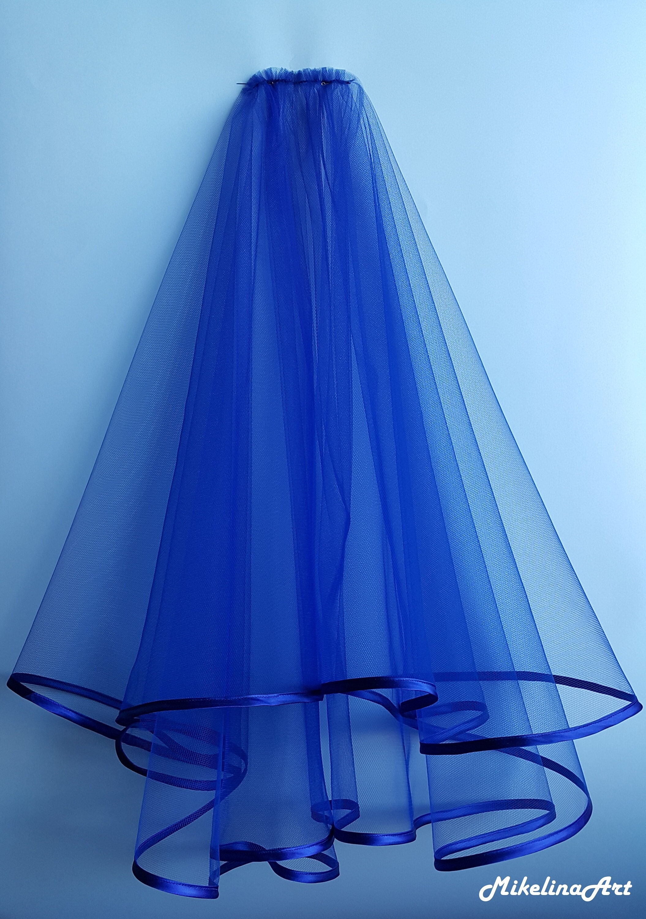 Royal Blue Wedding Veil, Two Layers, Royal Blue Satin EDGING.