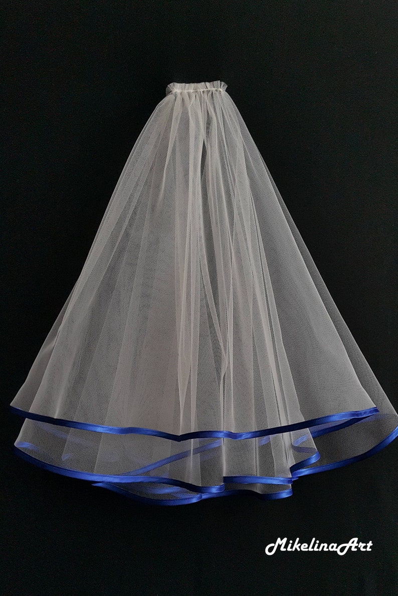 Ivory Wedding Veil, Two Layers, Royal Blue Satin Edging. image 1