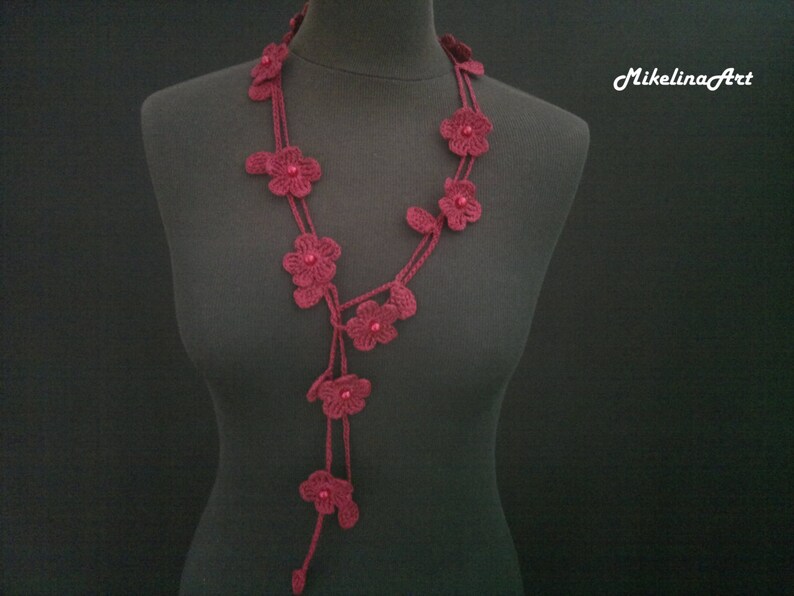 Crochet Necklace, Crochet Neck Accessory, Flower Necklace, Wine Colour, 100% Cotton. image 2
