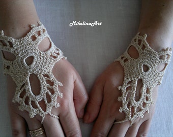 Crochet Mittens, Fingerless Gloves,Crochet Bracelet, Ivory, 100% Cotton.