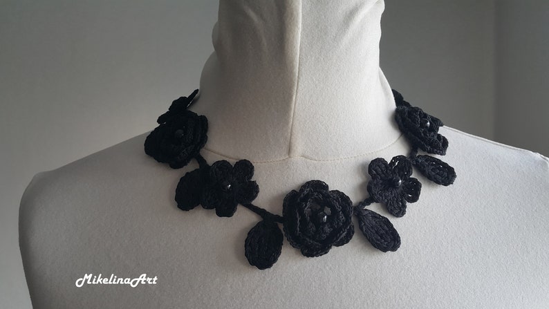 Flower Necklace Black Crochet Rose Necklace,Crochet Neck Accessory 100/% Cotton.