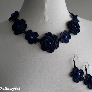 Crochet Accessory Set, Necklace and Earrings, Navy Blue, 100% Cotton. image 1