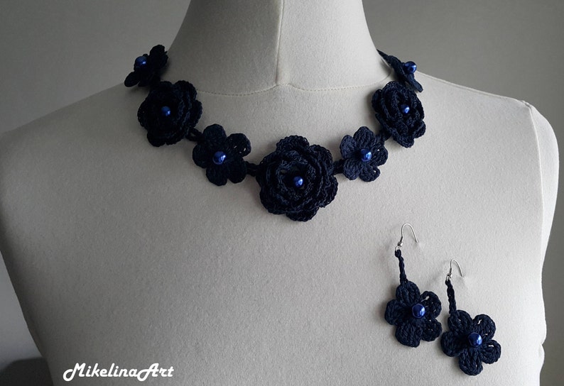 Crochet Accessory Set, Necklace and Earrings, Navy Blue, 100% Cotton. image 1