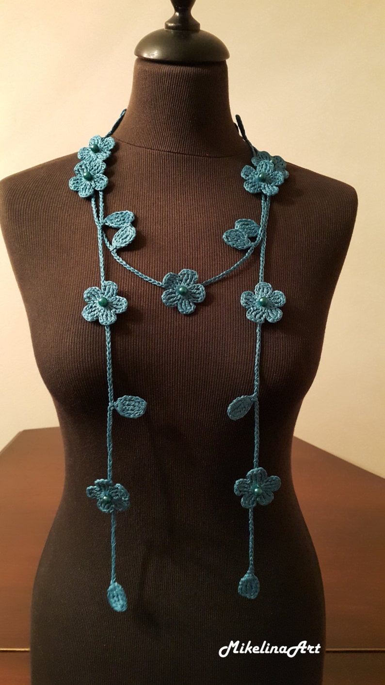 Crochet Necklace,Crochet Neck Accessory, Flower Necklace, Biscay Bay Colour,Turquoise, 100% Cotton. image 2
