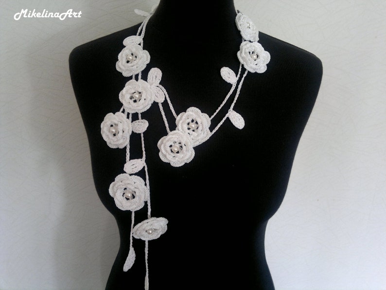 Crochet Rose Necklace, Crochet Neck Accessory, Flower Necklace, White, 100% Cotton. image 1