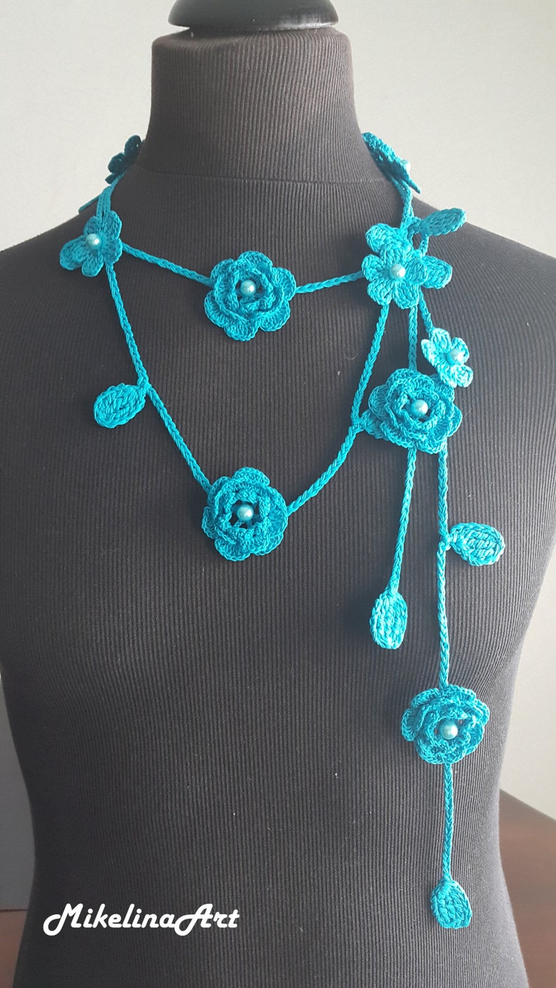 Crochet Rose Necklace, Crochet Neck Accessory, Flower Necklace, Aquamarine Color, 100% Cotton. image 2