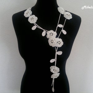 Crochet Rose Necklace, Crochet Neck Accessory, Flower Necklace, White, 100% Cotton. image 3