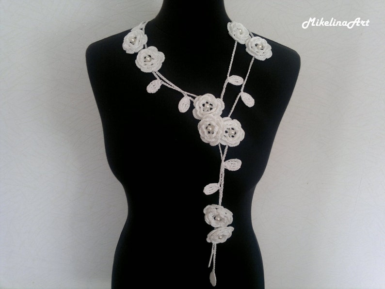 Crochet Rose Necklace, Crochet Neck Accessory, Flower Necklace, White, 100% Cotton. image 3