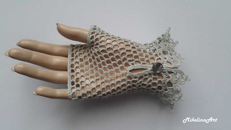 Crochet Mittens, Fingerless Gloves,Sharkskin Colour,Light Grey, 100% Mercerized Cotton. image 2