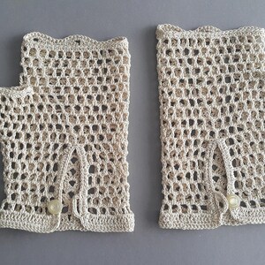 Crochet, guanti, guanti senza dita, Beige chiaro, 100% mercerizzato cotone. immagine 3