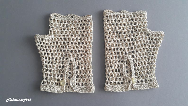 Crochet, guanti, guanti senza dita, Beige chiaro, 100% mercerizzato cotone. immagine 3