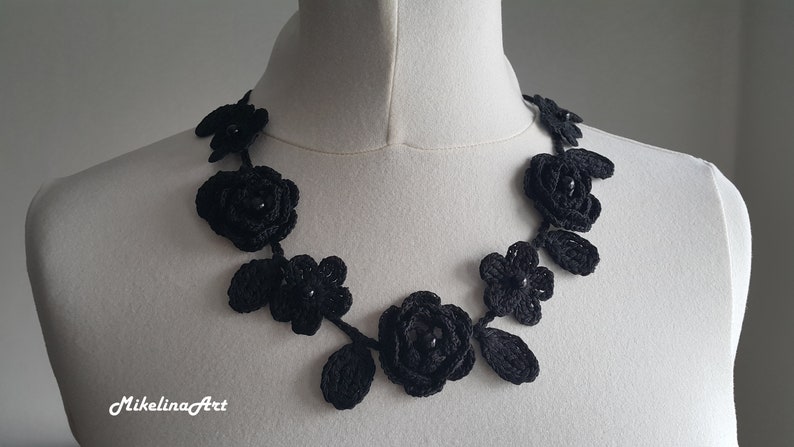 Flower Necklace Black Crochet Rose Necklace,Crochet Neck Accessory 100/% Cotton.