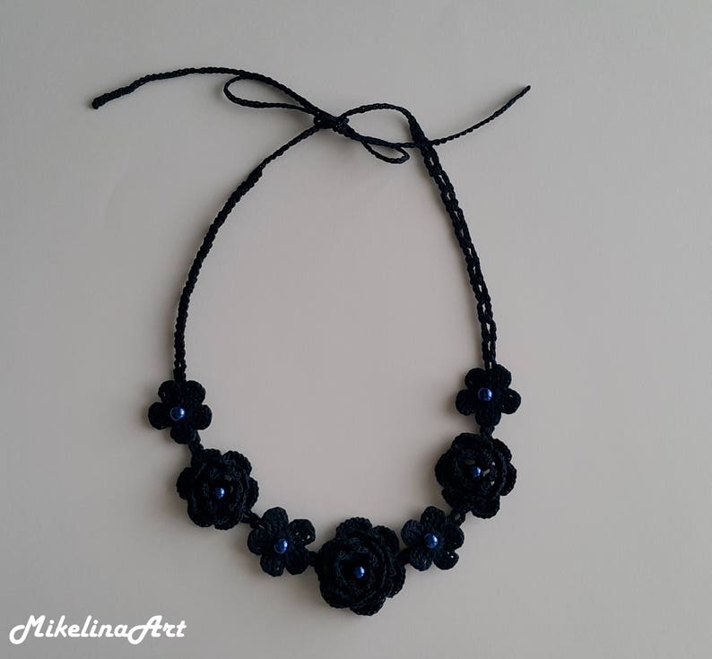 Crochet Accessory Set, Necklace and Earrings, Navy Blue, 100% Cotton. image 3