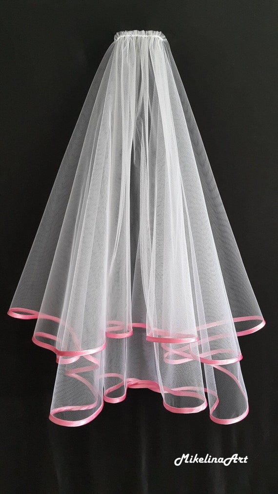 White Wedding Veil, Two Layers, Pink Satin Edging. - Etsy  display picture 2