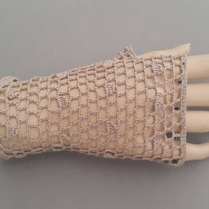 Crochet Mittens, Fingerless Gloves,Dark Beige, 100% Mercerized Cotton. image 1