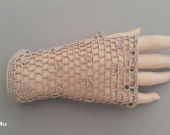 Crochet Mittens, Fingerless Gloves,Dark Beige, 100% Mercerized Cotton.